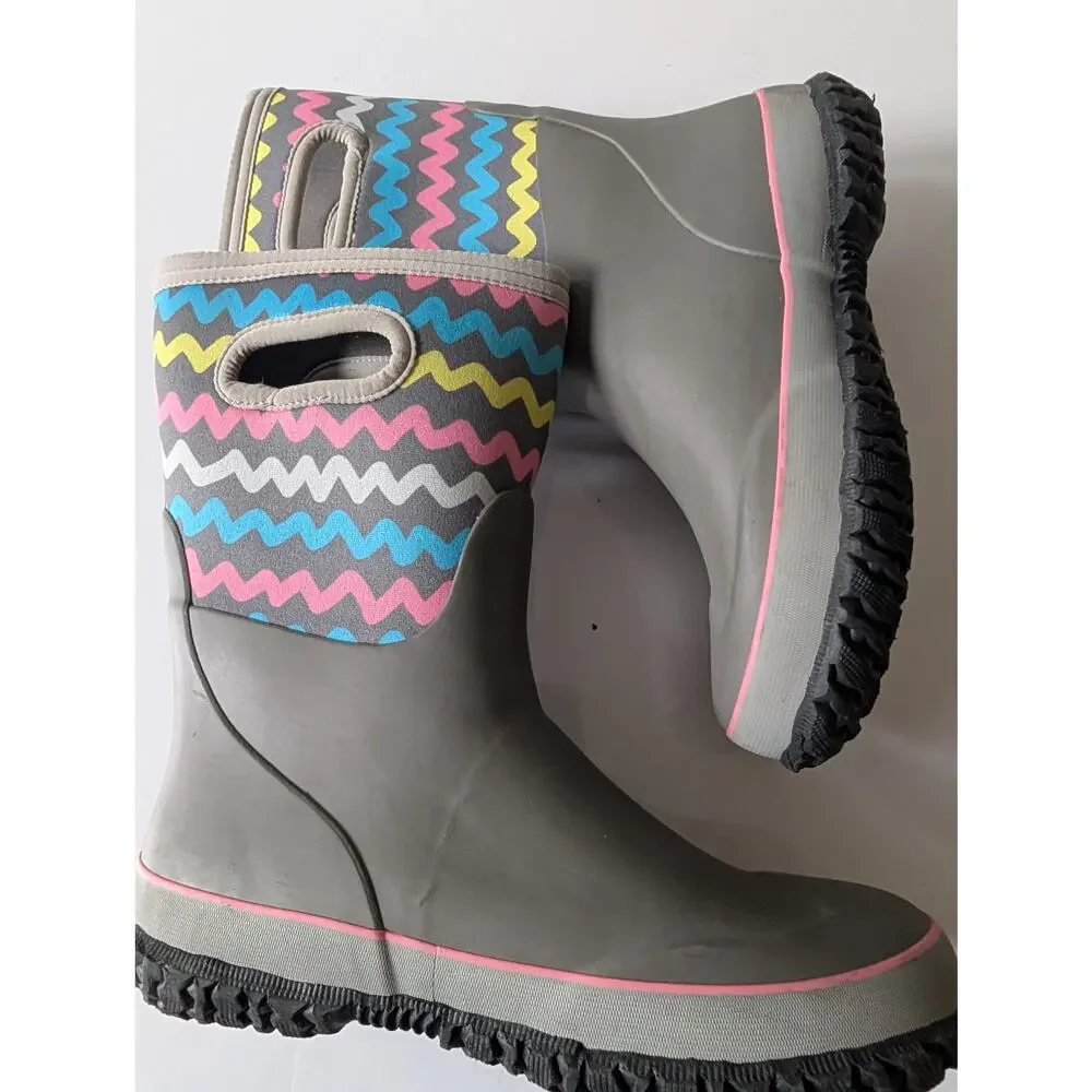 BOGS K Grasp Waterproof Rain Snow Boots Stripes‎ Gray Stripes Youth 6
